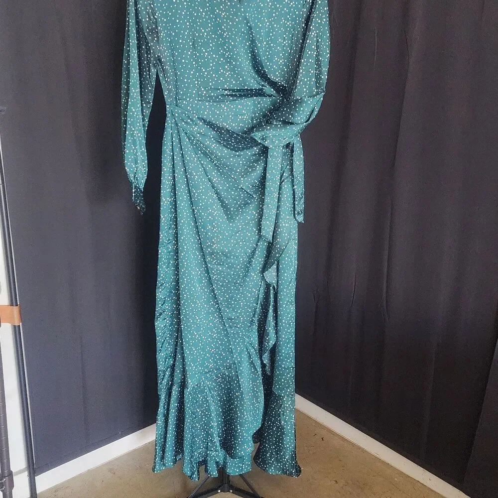 Veiled Collection Emerald Polka Dot Satin Wrap Maxi Dress Ruffle Modest Size XS